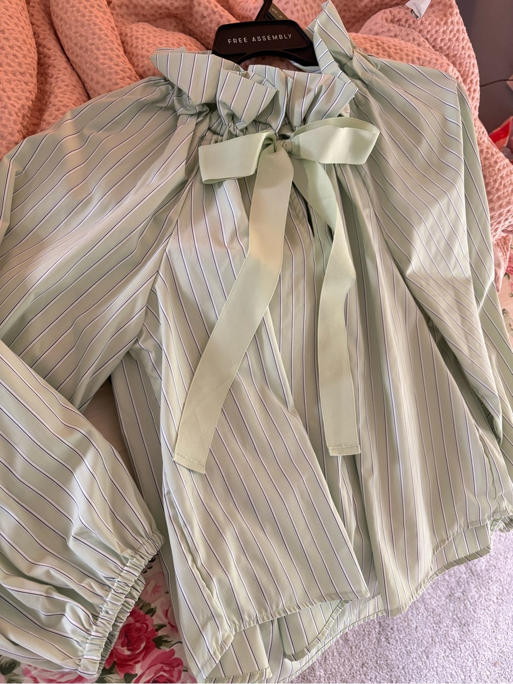 NWOT Mint Green Striped Ruffle-Neck Blouse